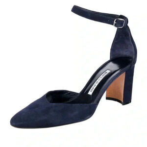 Manolo Blahnik Lausam Block Heels Suede Pumps Navy Blue Shoes